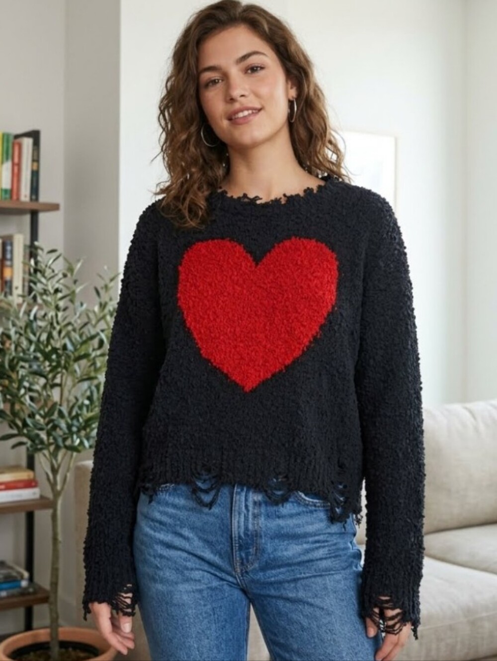 POL Heart Popcorn Knit Oversized Sweater Size S